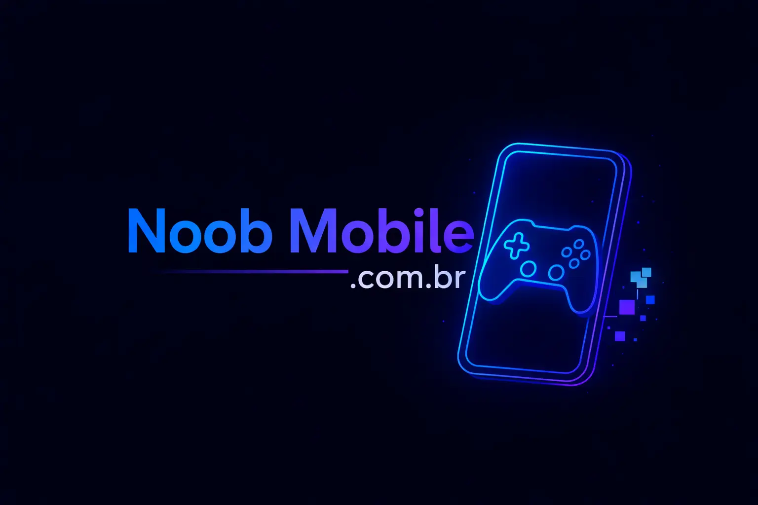 Logotipo oficial do site Noob Mobile com tipografia moderna em azul e ícone de smartphone gamer com controle de videogame para a página de politica e privacidade.