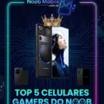 Melhores celulares gamers 2026: Top 5 do Noob Mobile com RedMagic 11 Pro coroado como rei e silhuetas de smartphones gamer no fundo.