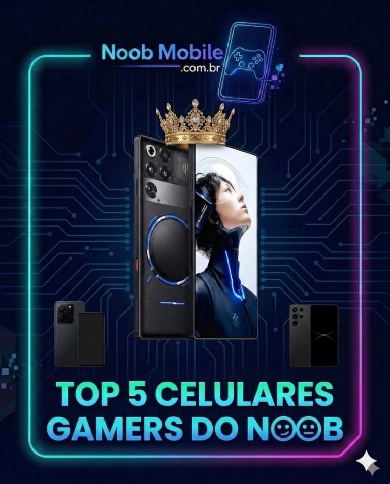 Melhores celulares gamers 2026: Top 5 do Noob Mobile com RedMagic 11 Pro coroado como rei e silhuetas de smartphones gamer no fundo.