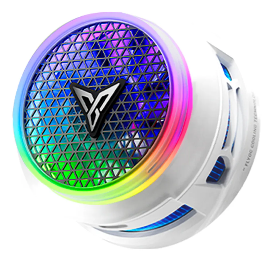 Cooler magnético gamer Flydigi B8X com iluminação RGB circular e design CycloneIntake para resfriamento de celular.