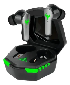 Fone Bluetooth TWS A-607 gamer na cor preta com detalhes em LED verde e estojo de carregamento aberto.
