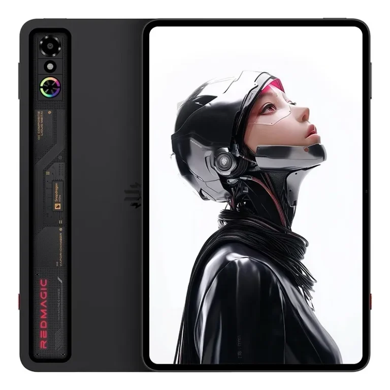 Tablet Gamer REDMAGIC Astra com design traseiro transparente mostrando o processador Snapdragon 8 Elite e iluminação RGB.