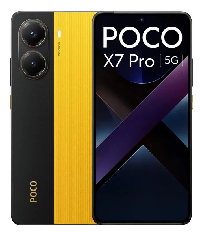 Smartphone Poco X7 Pro em ângulo lateral destacando o módulo de câmeras e a tela AMOLED de 120Hz.