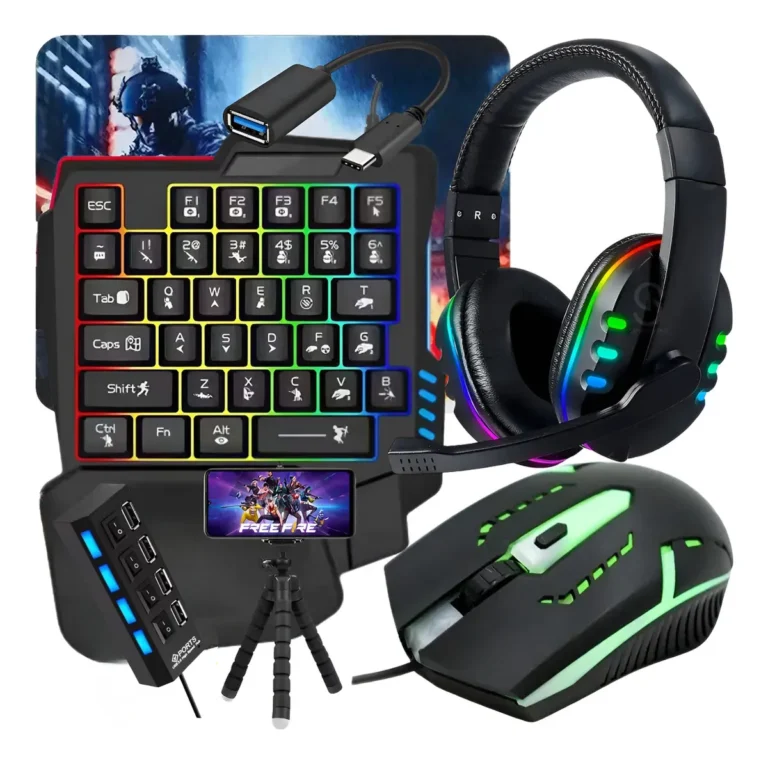 Kit Gamer Mobilador Completo com teclado RGB, mouse, headset e adaptador para celular jogando Free Fire.