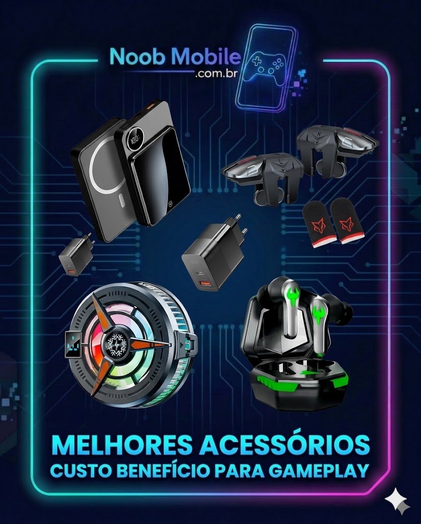 Melhores acessórios gamer para celular custo-benefício para celular com gatilhos mecânicos Sarafox F6, fone TWS gamer A-607, cooler magnético NeoFreeze IF310, power bank Gshield MagSafe e carregador GaN 33W.