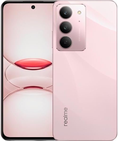Smartphone Realme C75x na cor rosa metálico com design de partículas cintilantes, módulo de câmera dupla e bordas reforçadas ArmorShell.