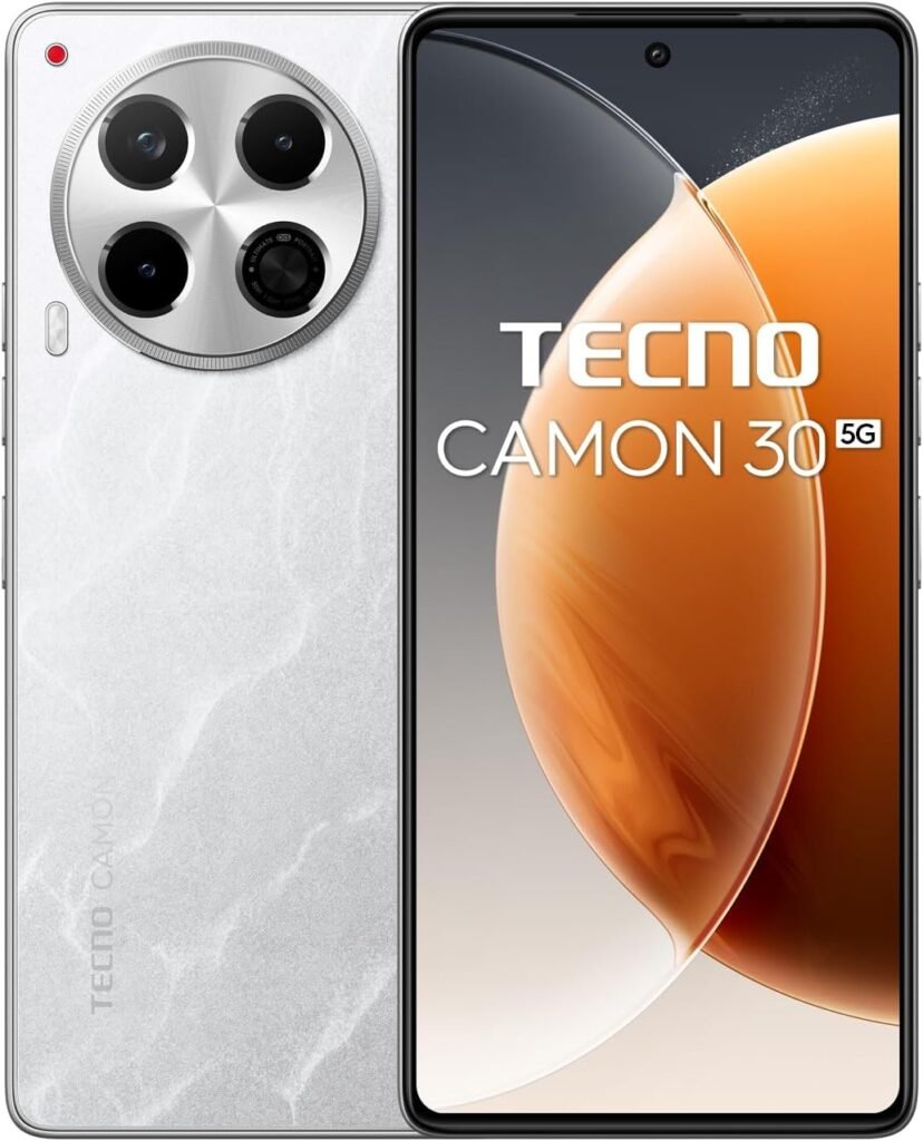 Tecno Camon 30 5G visto de frente, mostrando tela AMOLED de 6,78" e design moderno.