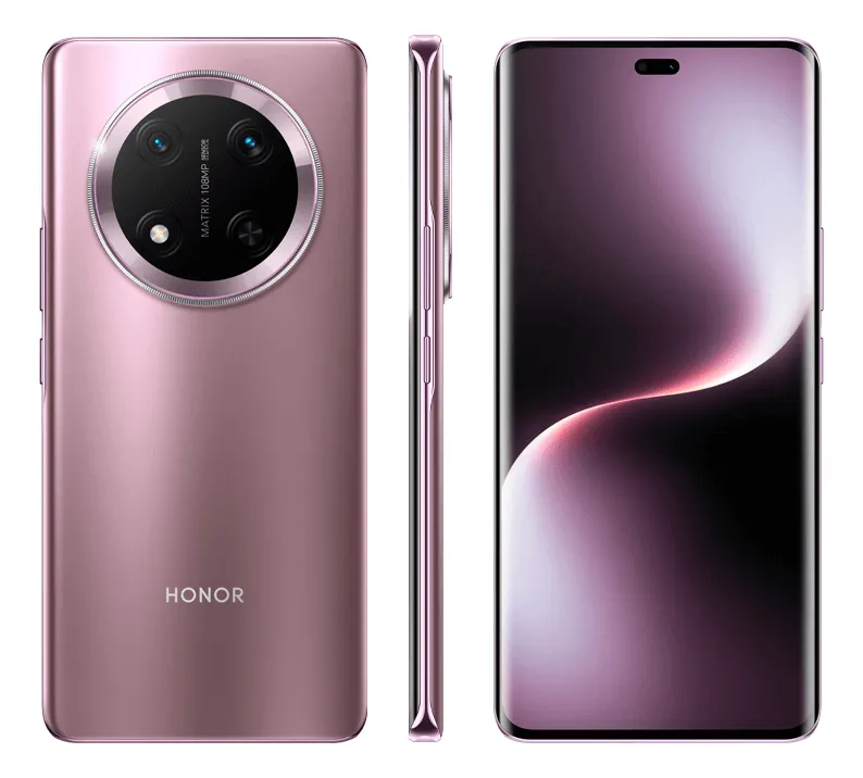 Smartphone Honor Magic 7 Lite em ângulo, destacando a tela curva AMOLED de 1.5K e o módulo circular de câmeras na traseira. O aparelho exibe um design fino apesar da bateria de 6.600 mAh