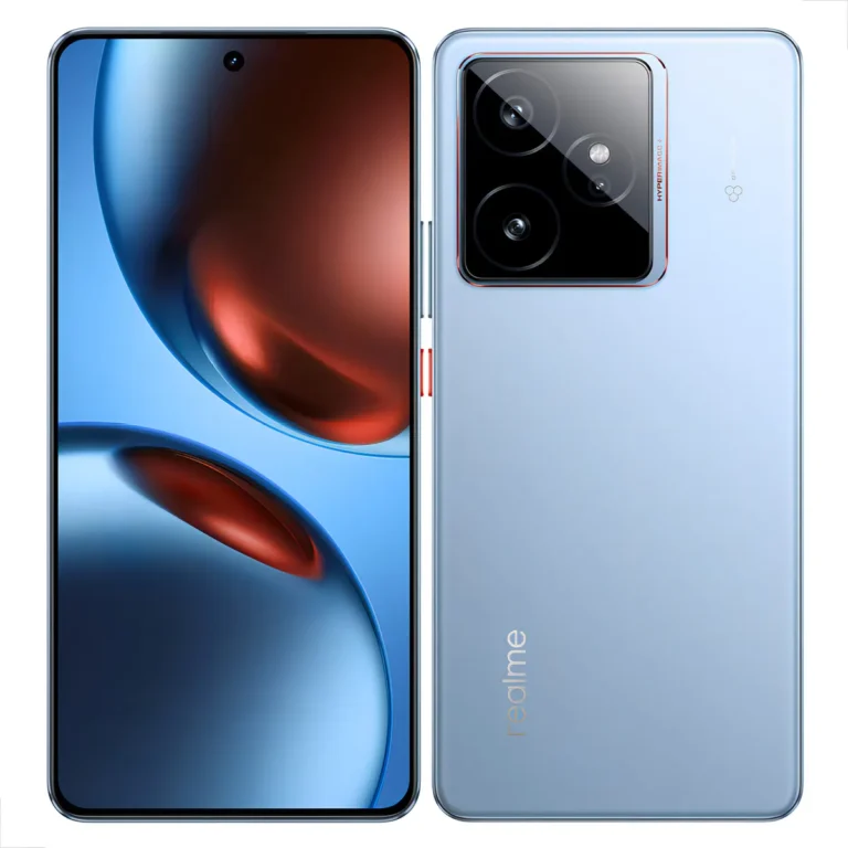 Smartphone Realme GT 7 na cor azul Mars Design, mostrando a traseira com textura que lembra o solo de Marte e o módulo de câmeras retangular com acabamento premium em metal.
