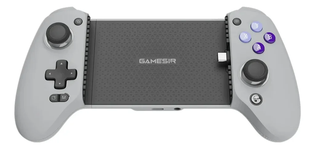 Gamepad GameSir G8 Galileo na cor cinza, destacando o design telescópico, conexão USB-C móvel e botões no estilo console.
