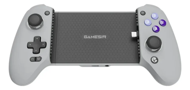 Gamepad GameSir G8 Galileo na cor cinza, destacando o design telescópico, conexão USB-C móvel e botões no estilo console.