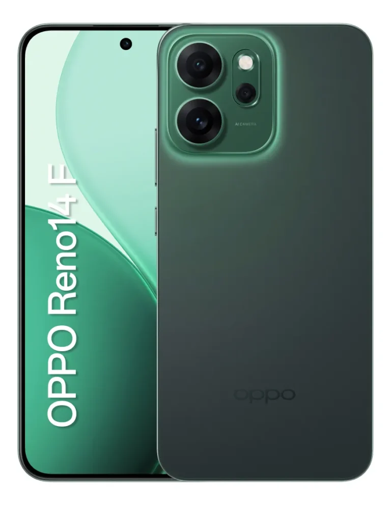 Smartphone OPPO Reno 14F na cor verde esmeralda, exibindo o design Cosmos Ring nas câmeras traseiras e tela AMOLED frontal com bordas finas.