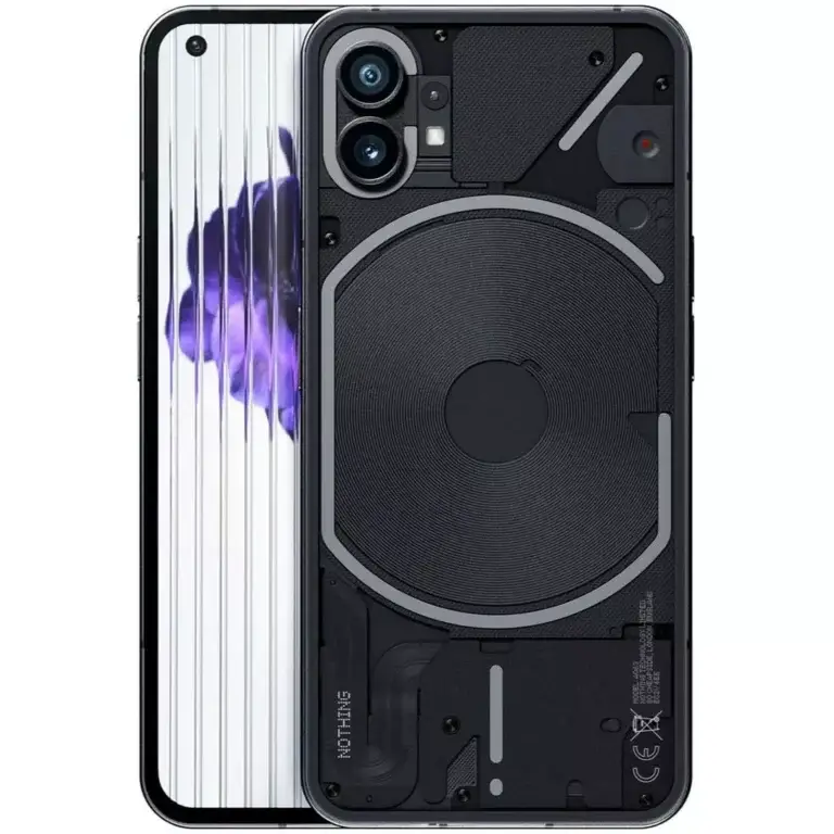 Smartphone Nothing Phone (1) com traseira transparente exibindo a Interface Glyph de LEDs brancos. O aparelho mostra as bordas simétricas, moldura em alumínio e as duas câmeras traseiras de 50MP