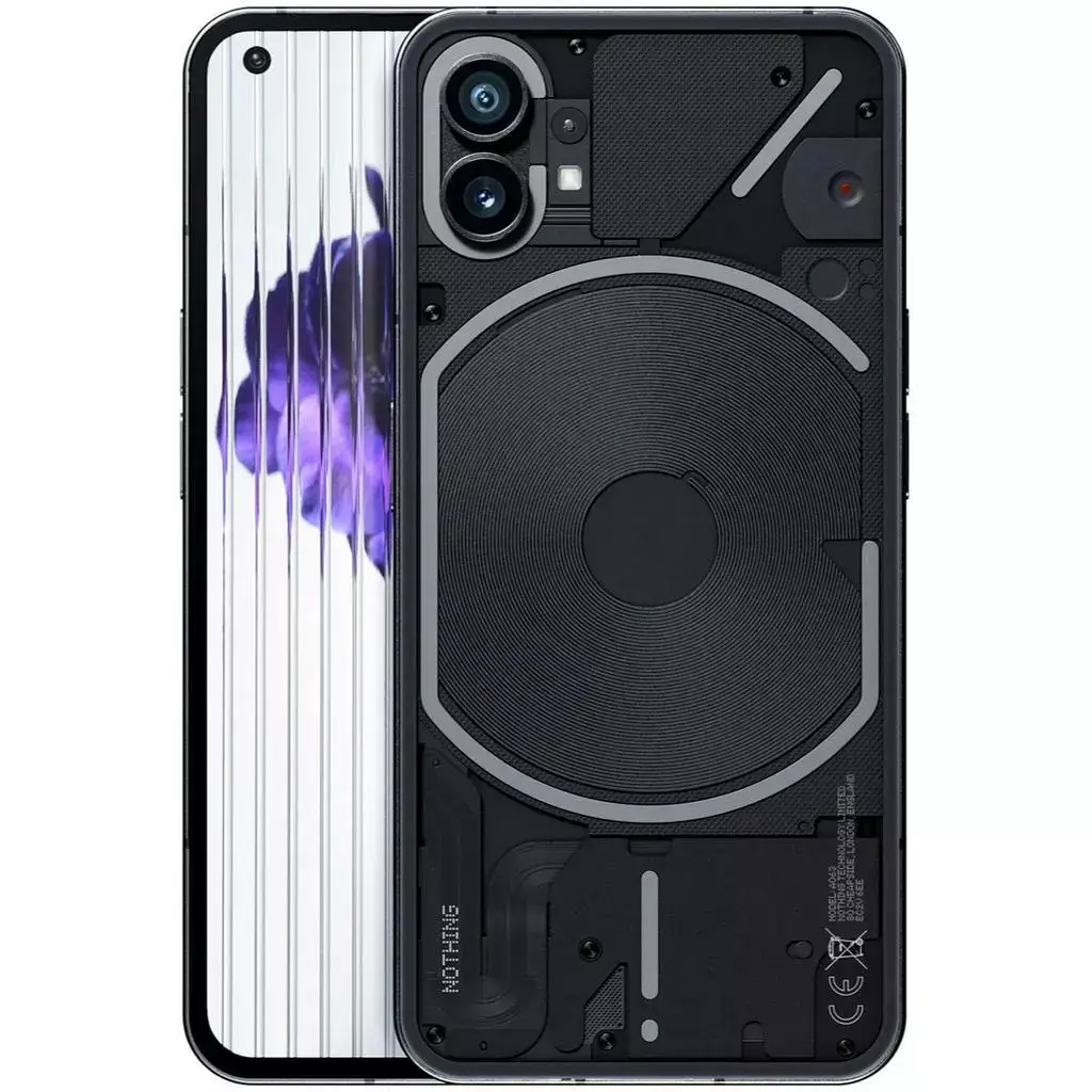 Smartphone Nothing Phone (1) com traseira transparente exibindo a Interface Glyph de LEDs brancos. O aparelho mostra as bordas simétricas, moldura em alumínio e as duas câmeras traseiras de 50MP