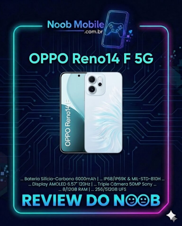 OPPO Reno 14F vale a pena em 2026: capa oficial do Noob Mobile mostrando o design Mermaid, bateria de 6000mAh e c&acirc;mera Sony.