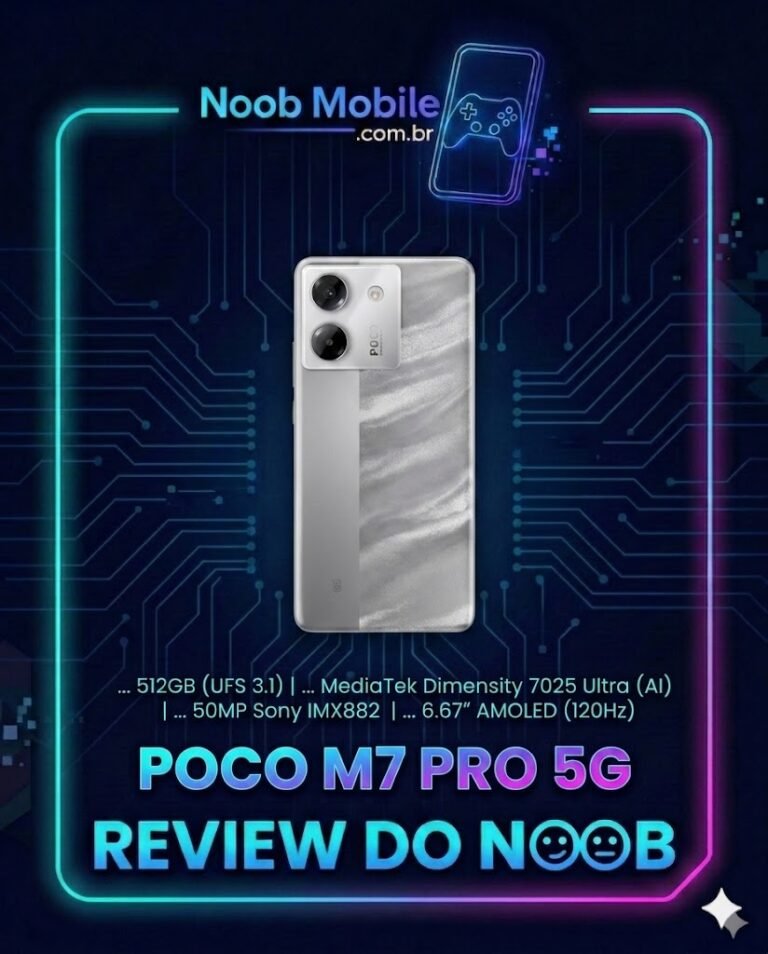 Infográfico detalhando se o Poco M7 Pro vale a pena em 2026, apresentando o design do smartphone e as especificações técnicas de 512GB e câmera Sony.