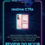 realme c75x vale a pena em 2026: banner oficial do review do noob mobile mostrando o smartphone rosa com especificações técnicas sobre fundo de circuito eletrônico