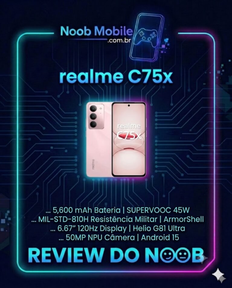 realme c75x vale a pena em 2026: banner oficial do review do noob mobile mostrando o smartphone rosa com especificações técnicas sobre fundo de circuito eletrônico