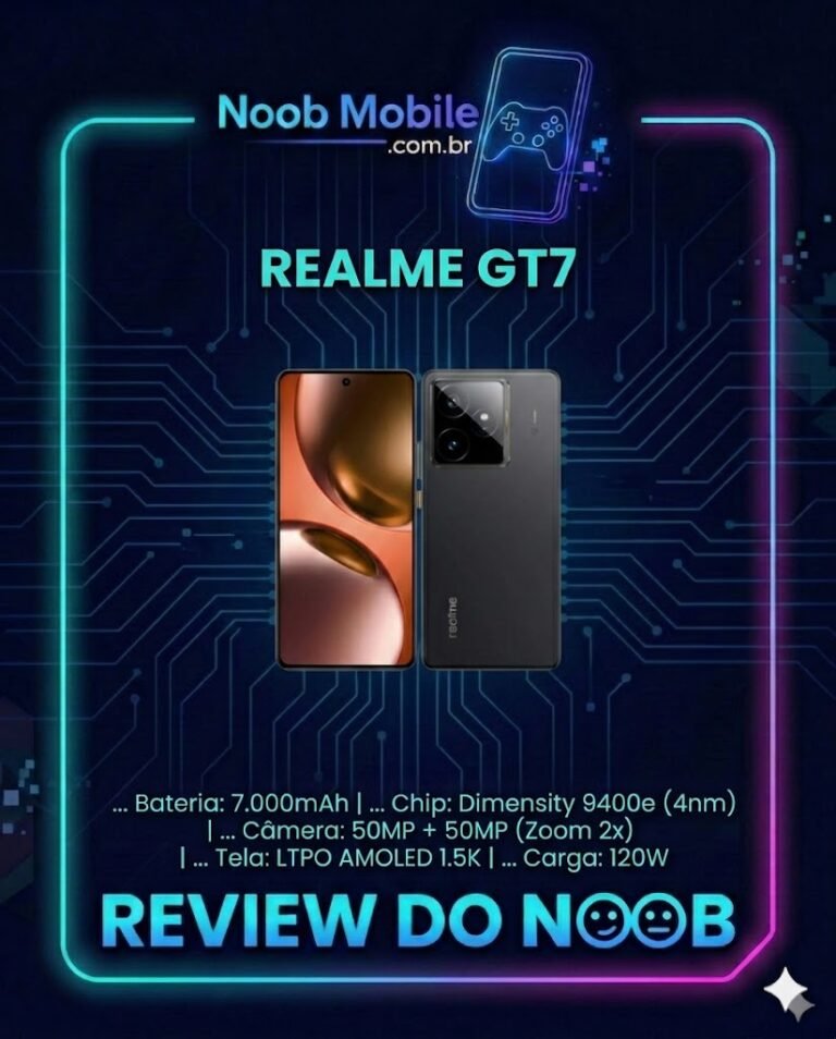 Capa do review Noob Mobile questionando se o Realme GT7 vale a pena em 2026, mostrando o design do aparelho e suas principais especificações técnicas.