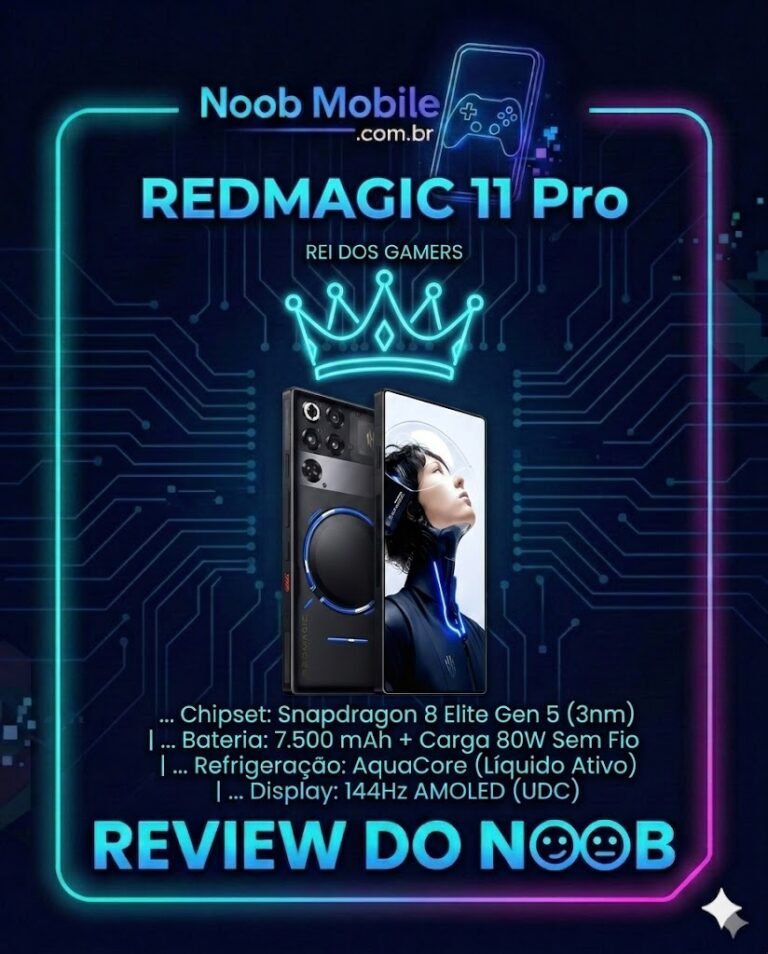 RedMagic 11 Pro vale a pena: banner oficial do review do Noob Mobile com foto do smartphone gamer, coroa de rei dos gamers e especificações do Snapdragon 8 Elite