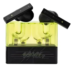 Fone de ouvido Bluetooth Moondrop Space Travel 2 com case transparente amarela e fones pretos.