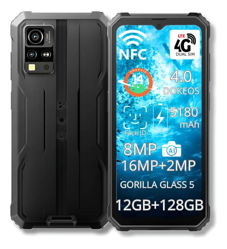 Smartphone robusto Blackview BV4800 Pro na cor preta, mostrando a frente com especificações de tela e a traseira com design blindado e câmeras.