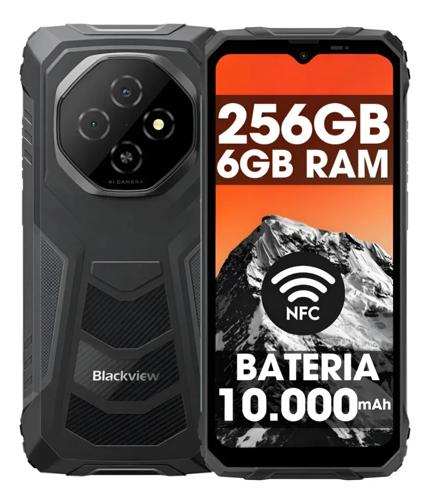Smartphone robusto Blackview Fort 1 preto com bateria de 10.000mAh e 256GB de memória.