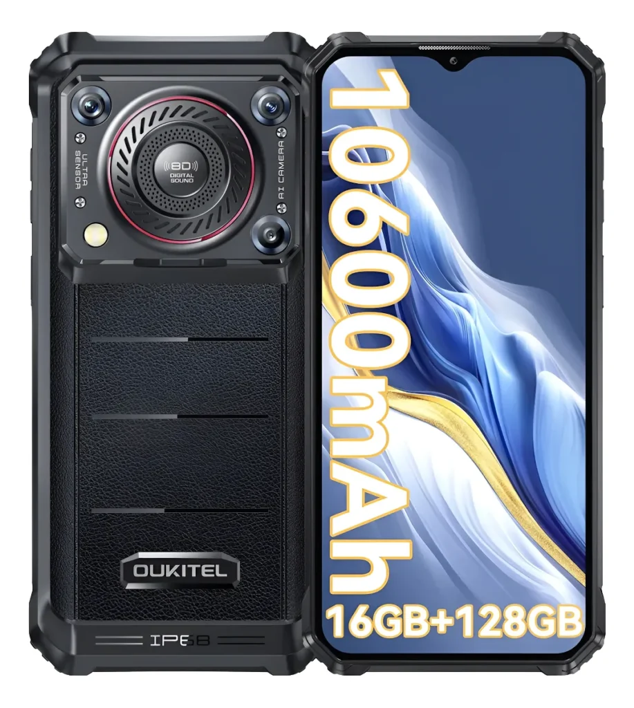 Smartphone robusto Oukitel WP36 preto, mostrando a frente com tela ligada e a traseira com o super alto-falante e bateria de 10.600mAh em destaque.