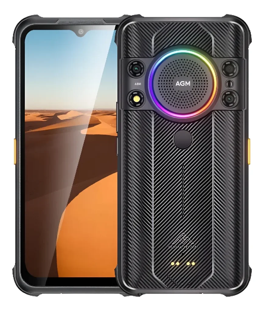 Smartphone robusto AGM H5 Pro em detalhe, mostrando o grande alto-falante traseiro com anel de LED RGB e câmeras de visão noturna.