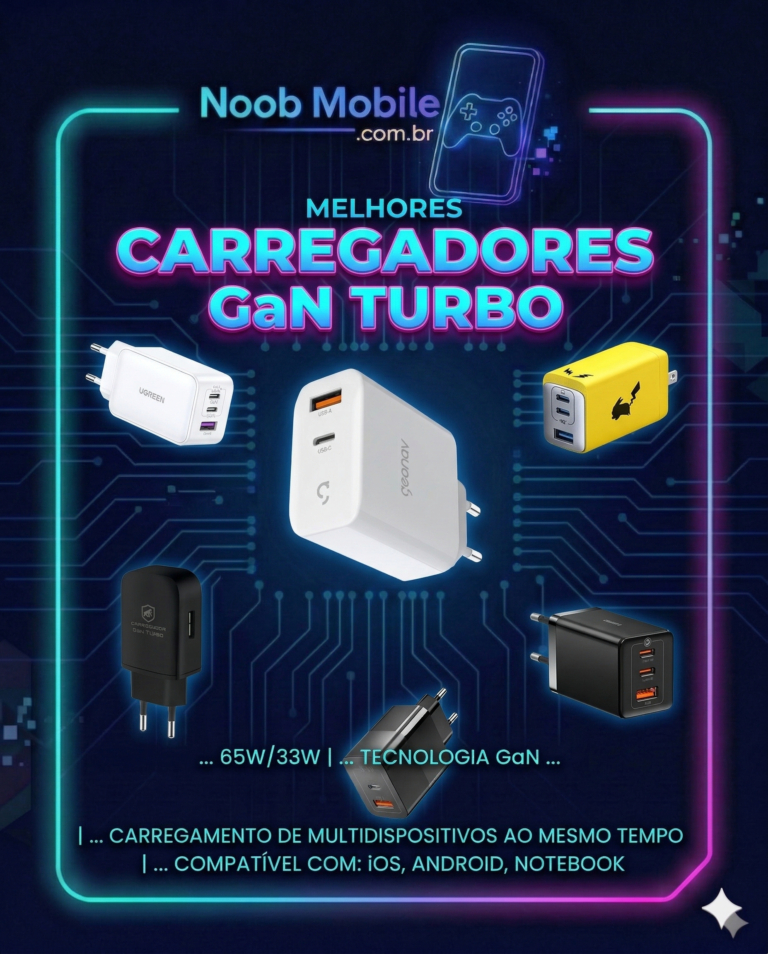 Infográfico mostrando o melhor carregador turbo GaN de 2026 das marcas Geonav, Anker, Baseus, Ugreen e Essager dentro da moldura oficial do site Noob Mobile.