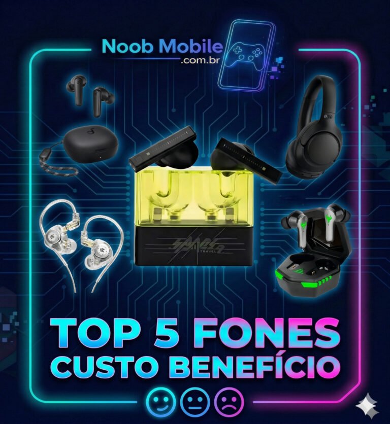 Banner promocional do Noob Mobile mostrando os top 5 fones custo-benefício 2026, incluindo modelos Moondrop, QCY, Soundcore, KZ e TWS Gamer dentro de uma moldura neon tecnológica.