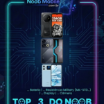 Celulares até 1200 reais top 3: itel P65, Oukitel C68 Plus e Cubot A20 em moldura Noob Mobile.