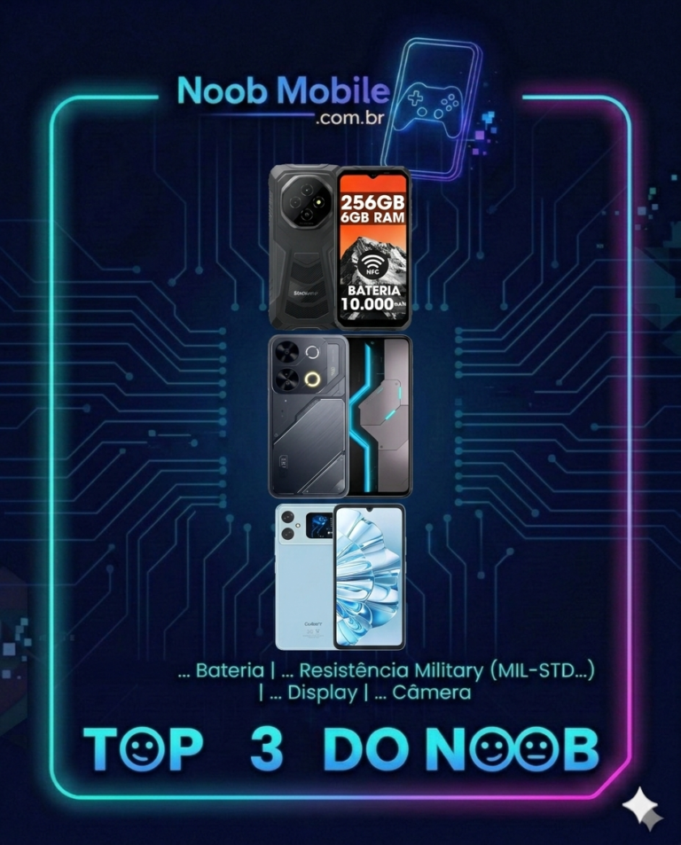 Top 3 melhores celulares alternativos de 2026 até 1200 reais: itel P65, Oukitel C68 Plus e Cubot A20 em moldura Noob Mobile.