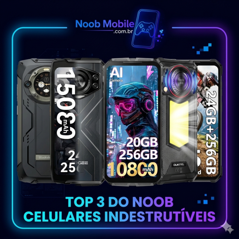 Seleção Top 3 Celulares Indestrutíveis 2026: Blackview BV9300 Pro, Oukitel WP53 Pro e Doogee S Cyber lado a lado com especificações de bateria e RAM.