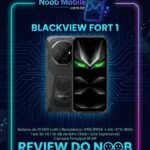 blackview fort 1 review: Capa oficial do Noob Mobile com o smartphone robusto dentro de uma moldura neon azul e rosa com especificações técnicas.