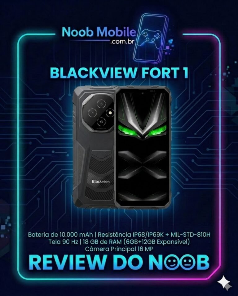 blackview fort 1 review: Capa oficial do Noob Mobile com o smartphone robusto dentro de uma moldura neon azul e rosa com especificações técnicas.