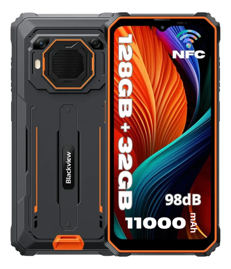 Smartphone robusto Blackview BV6200 Plus em preto e laranja, mostrando a traseira com alto-falante gigante e a tela frontal com destaques de 11.000 mAh, 128GB de armazenamento e som de 98dB.