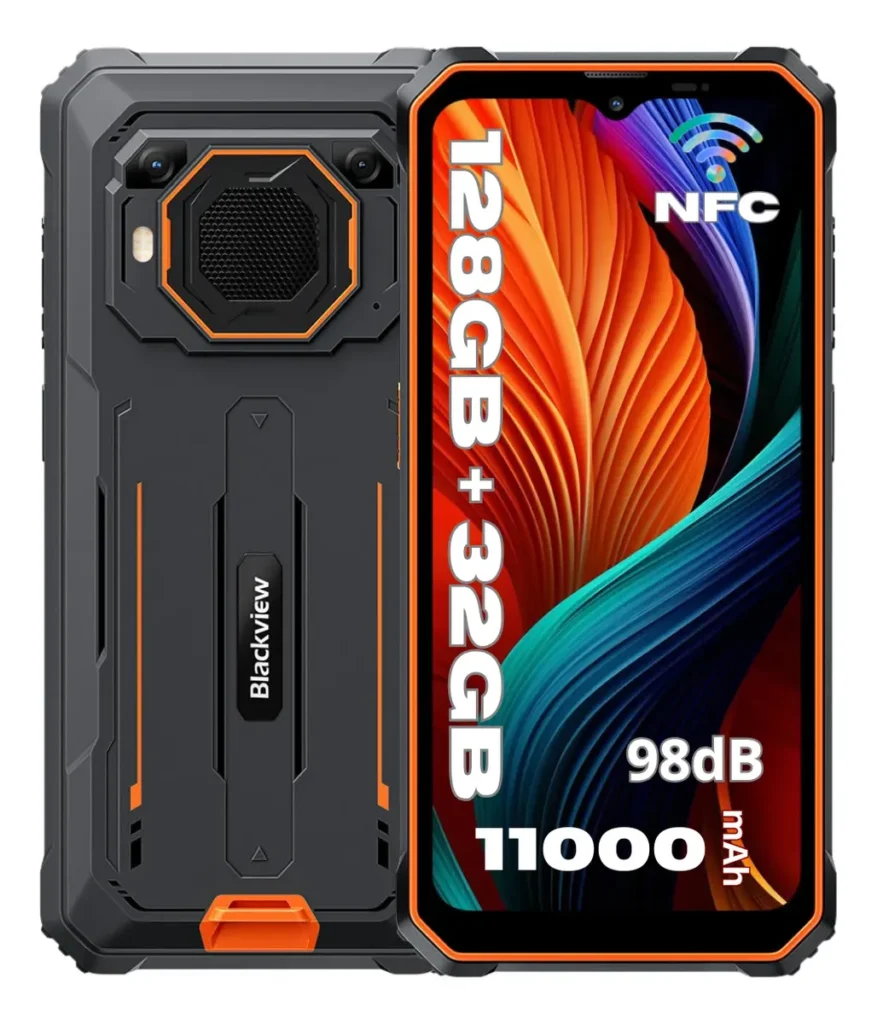 Smartphone robusto Blackview BV6200 Plus em preto e laranja, mostrando a traseira com alto-falante gigante e a tela frontal com destaques de 11.000 mAh, 128GB de armazenamento e som de 98dB.