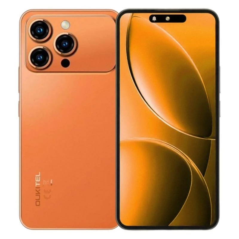 Smartphone Oukitel P1 Pro na cor laranja, exibindo o design frontal com tela AMOLED e traseira com conjunto de três câmeras.
