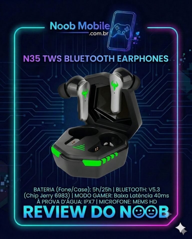 Fone bluetooh n35 tws é bom? Close mostrando os fones com LEDs verdes e a case aberta dentro da moldura de análises do Noob Mobile.