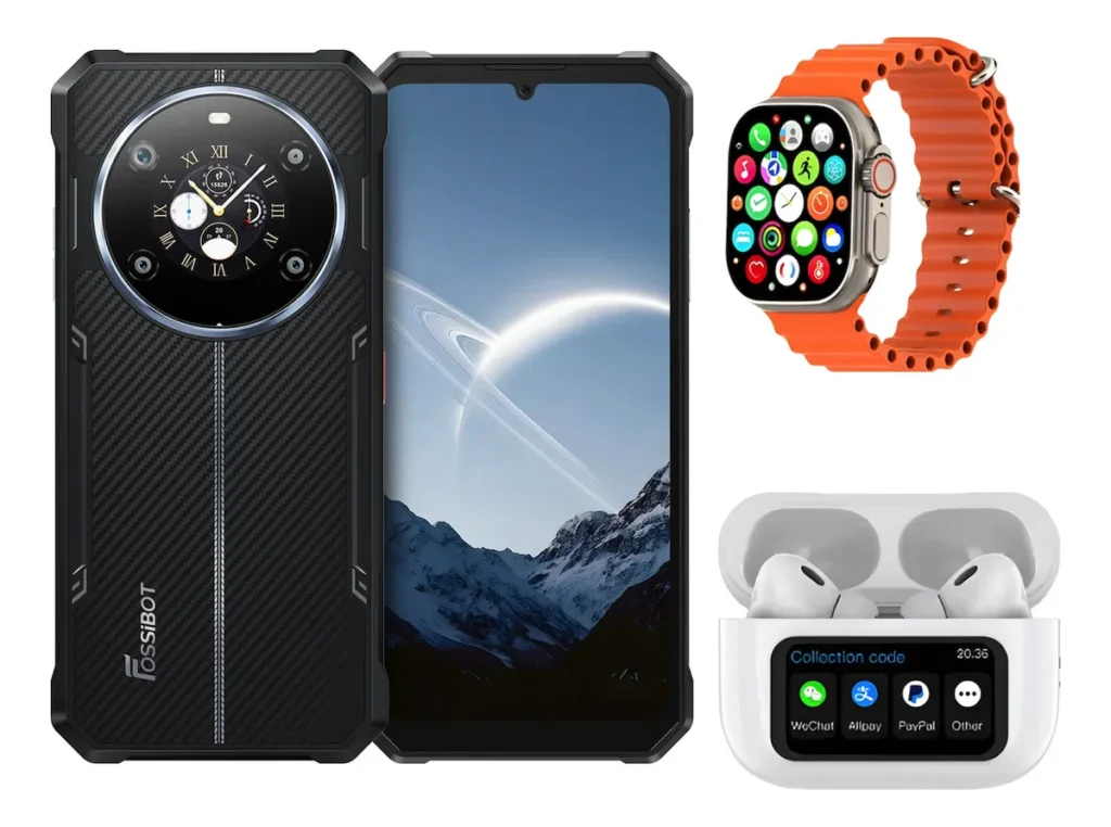 Smartphone robusto Fossibot F109s preto com tela traseira circular, acompanhado de brindes: smartwatch com pulseira laranja e fones de ouvido bluetooth com visor na caixa.