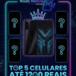 Infográfico do Noob Mobile destacando os melhores celulares até 1200 reais de 2026, com o Cubot X70 centralizado sob uma coroa e silhuetas misteriosas com pontos de interrogação.