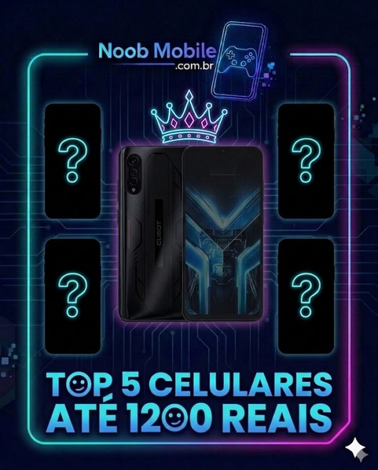 Infográfico do Noob Mobile destacando os melhores celulares até 1200 reais de 2026, com o Cubot X70 centralizado sob uma coroa e silhuetas misteriosas com pontos de interrogação.