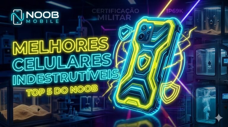 Infográfico em neon destacando os melhores celulares indestrutíveis 2026 com o logo Noob Mobile e selos de certificação militar IP69K.