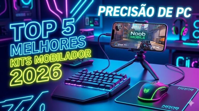Setup gamer mobilador em estilo neon com teclado one-hand e mouse RGB para celular, exibindo o ranking melhores kits mobilador 2026 do Noob Mobile.