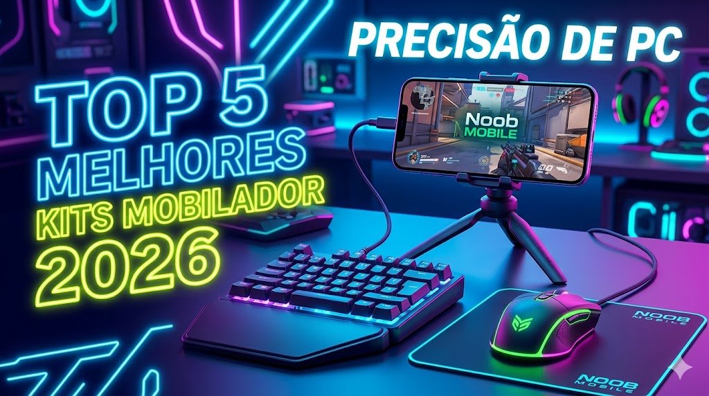 Setup gamer mobilador em estilo neon com teclado one-hand e mouse RGB para celular, exibindo o ranking melhores kits mobilador 2026 do Noob Mobile.