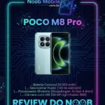 Descubra se o POCO M8 Pro roda FreeFire a 120fps na imagem oficial do Review do Noob com o smartphone em verde claro, destacando o chip Snapdragon 7s Gen 4 e a bateria de 6.500 mAh.