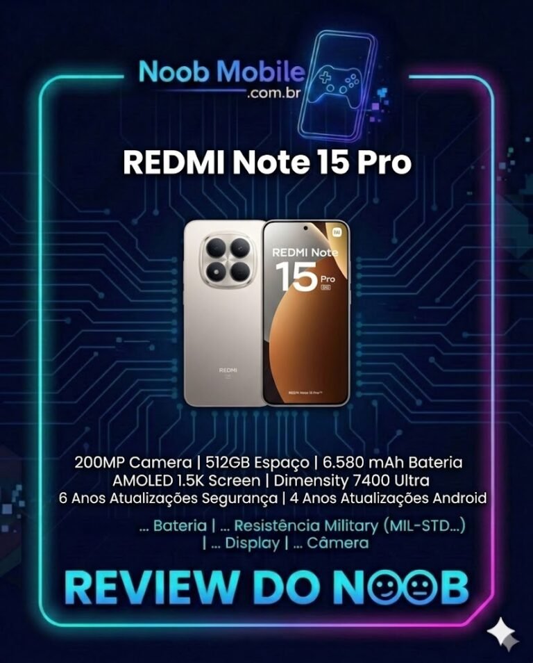 Infográfico do smartphone Redmi Note 15 Pro na moldura do Noob Mobile, destacando a câmera de 200MP, bateria de 6.580 mAh e design elegante em cor dourada.