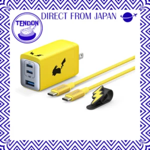 Carregador Anker 735 GaNPrime 65W Pikachu Edition amarelo com cabos USB-C personalizados e organizador de cabos.