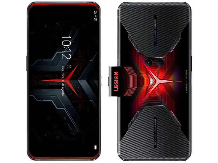 Smartphone gamer Lenovo Legion Phone Duel na cor Vengeance Red, mostrando a parte frontal com tela infinita e a traseira com câmera selfie pop-up lateral ativada.